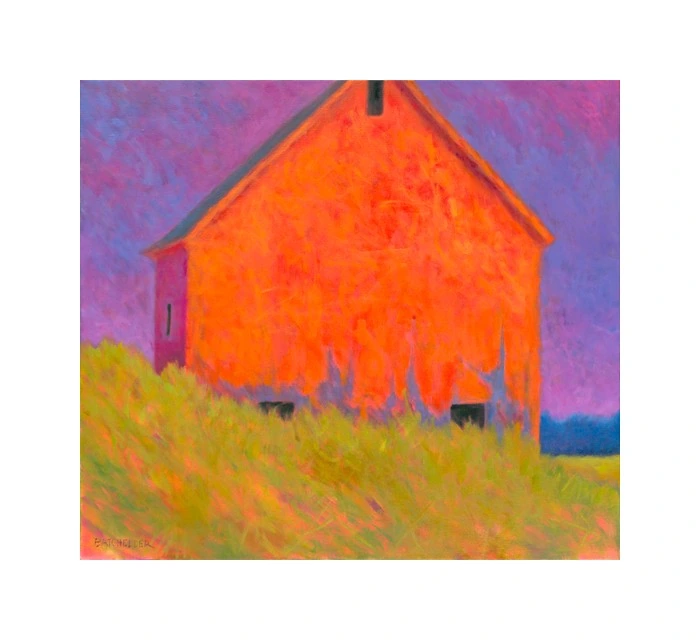 Signed print of an orange barn, with its white paper border