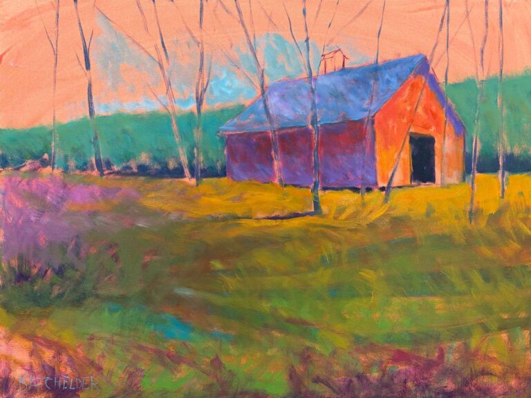 Unfinished untitled oil painting on canvas showing a vivid barn and landscape